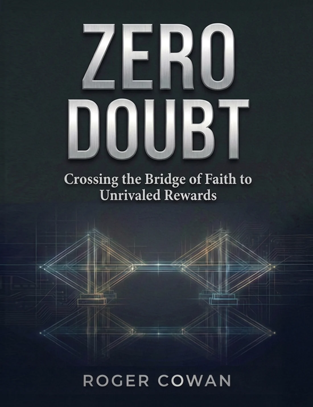 Black concept cover for Zero Doubt with silver lettering and a luminous abstract bridge